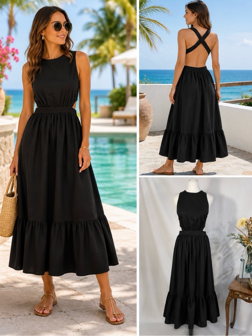 English Factory Elastic Open Back Sleeveless Midi
Dress Black Cotton Sz S🌟